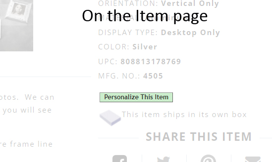 Product page showing the Personalize This Item box indicating eligibility